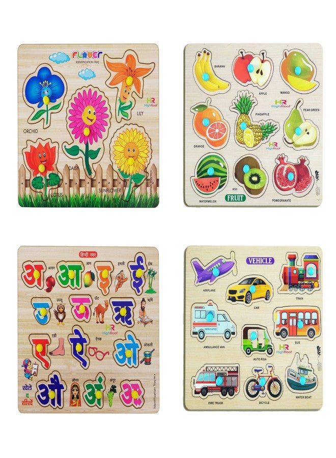 HIGHROOF® Kids Fort Pre Nursery Educational Jigsaw Puzzles for Adults Kids Learning Toys Kit Board Game 4 pcs Set of Flower, Fruits, Hindi Letters & Vehicle. Educational Toy - Image 1